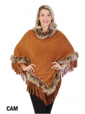 Poncho W/ Brown Fur Trim and Tassels
